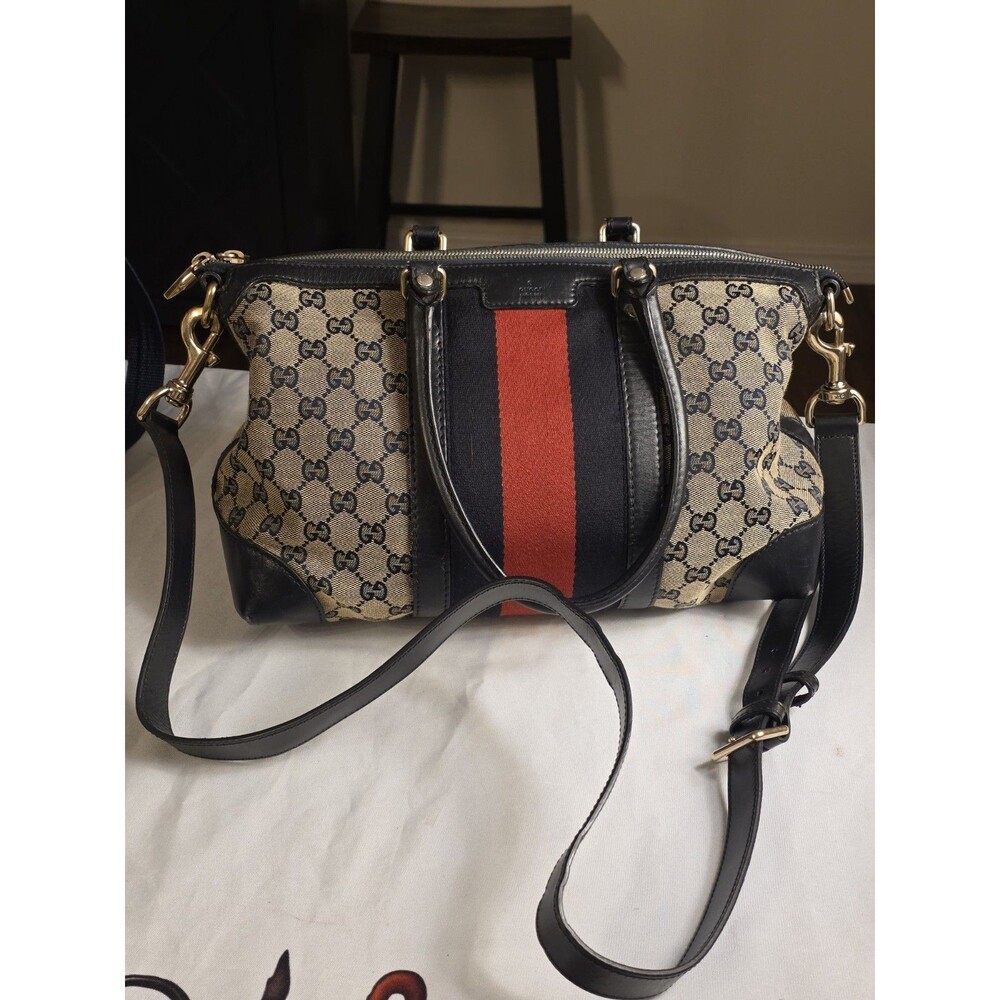 Authentic Gucci Web Boston Bag GG Canvas Medium Satchel Navy Red 257341 2Way